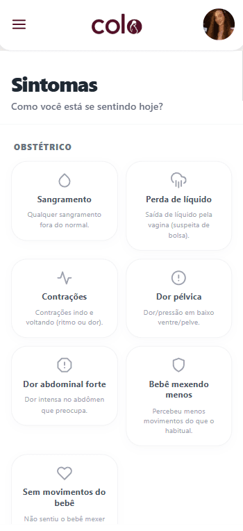 Interface do checklist de sintomas do app Colo