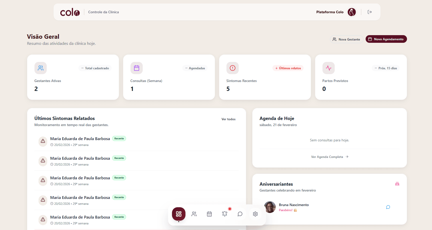 Mockup do Dashboard Web da Clínica mostrando a lista de gestantes, agenda e histórico de exames