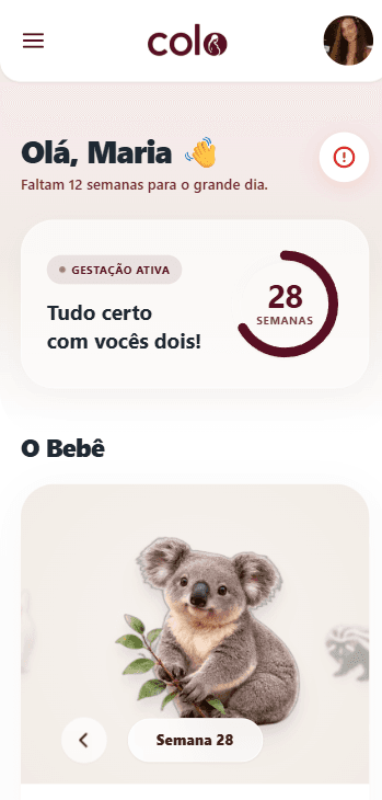Mockup do aplicativo Colo mostrando a tela inicial da gestante com a semana gestacional e o tamanho do bebê